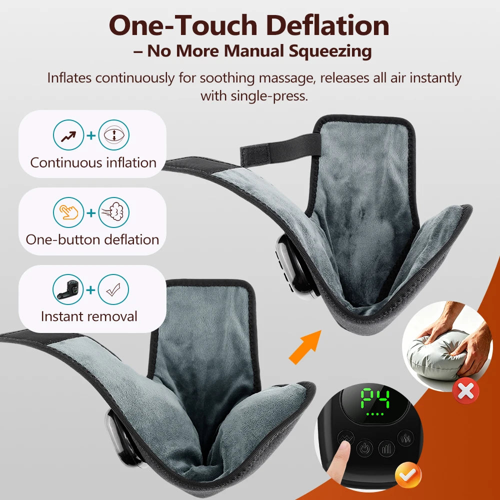 A gray heated air compression ankle massager showing features like continuous inflation and one-touch deflation.