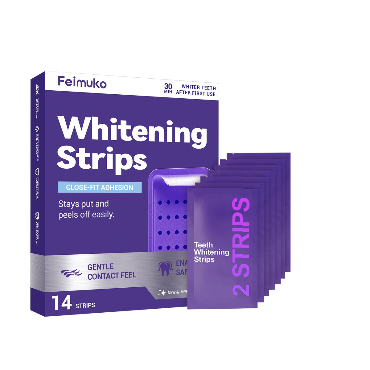 Box of Feimuko Whitening Strips showing 14 strips and 2 strips in purple packaging