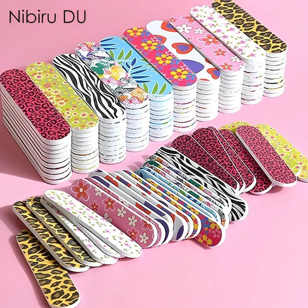 A collection of colorful double-sided nail files and buffing blocks in various patterns and colors.
