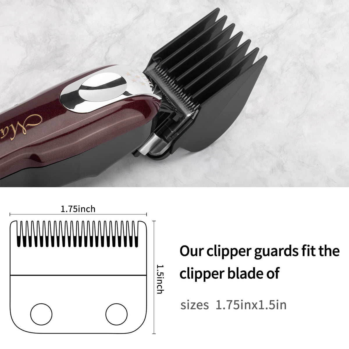 A close-up of a black hair clipper blade and its corresponding precision cutting guard on a red body.