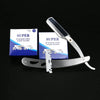 A package of super stainless steel razor blades and a single razor blade are displayed on a black background.