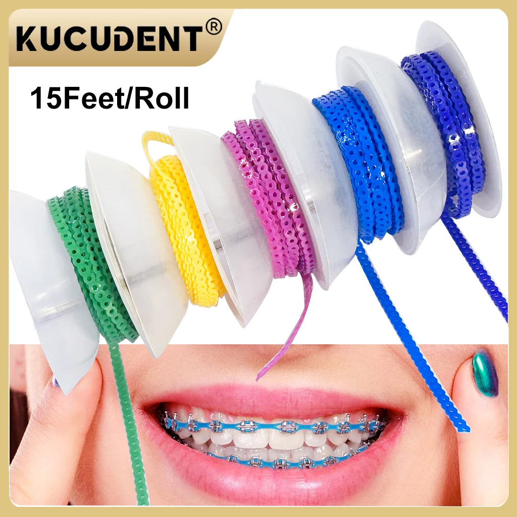 A roll of 15 feet of colored dental orthodontic power chain elastic rubber bands displayed next to a person's mouth.