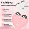 A pink microcurrent facial lifting roller massager device shown next to its component and text describing its features.
