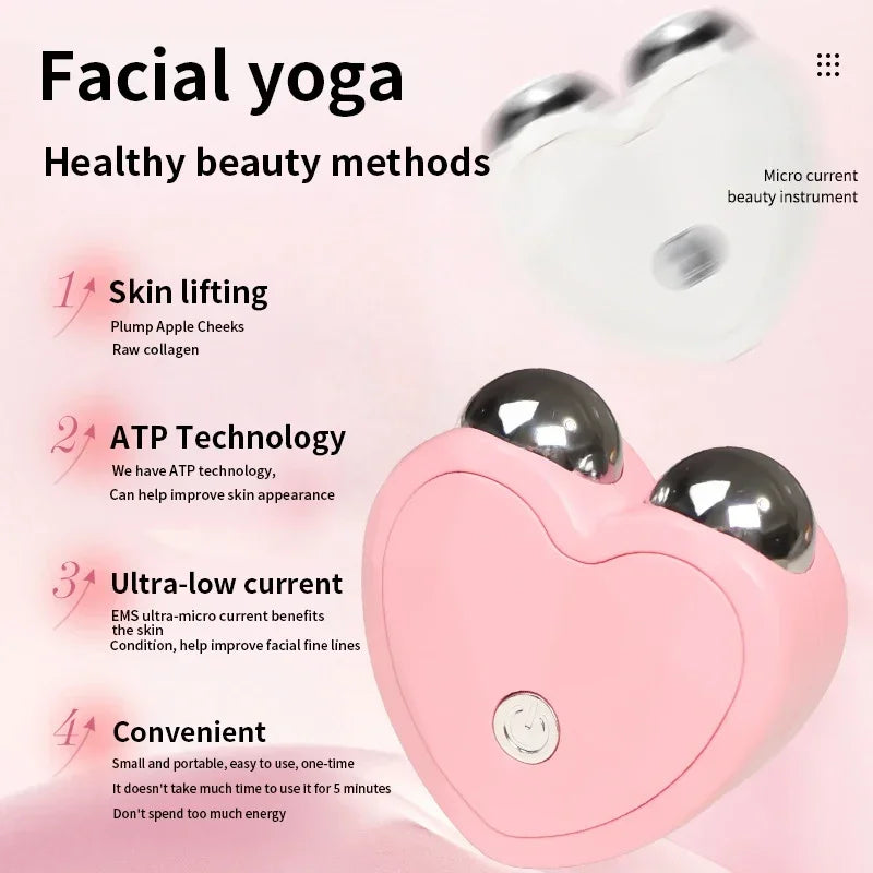 A pink microcurrent facial lifting roller massager device shown next to its component and text describing its features.