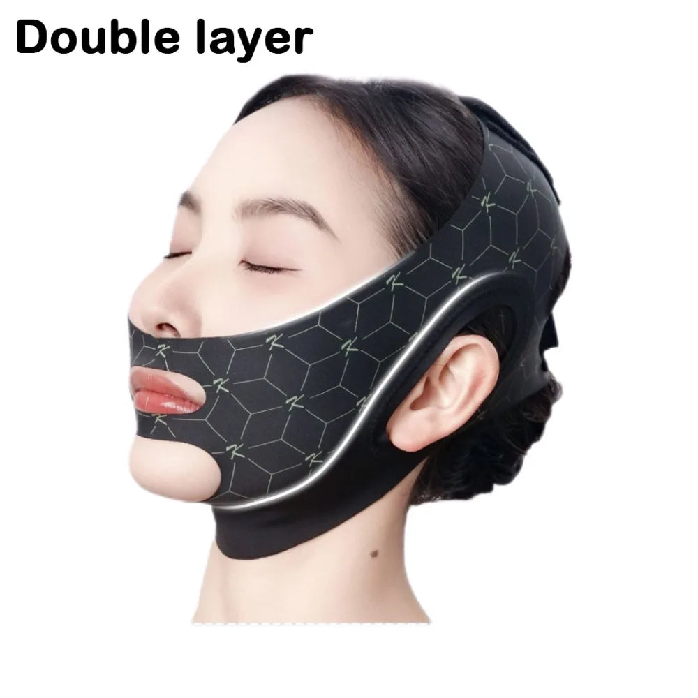 A woman is wearing a black double layer face mask or toning belt designed for jawline lifting.