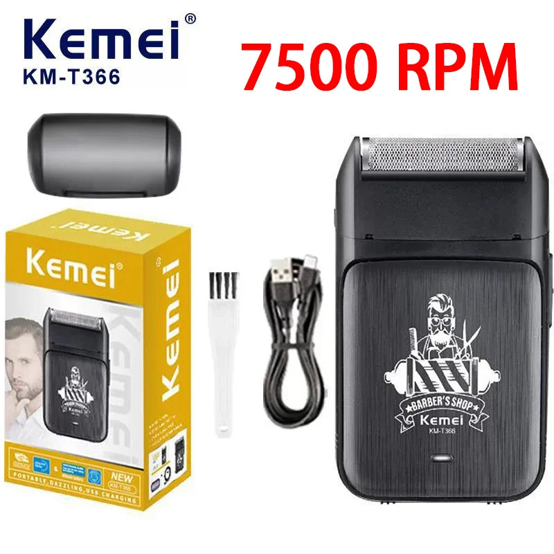 A black Kemei KM-T366 electric beard shaver and trimmer with a detachable shaving head and charging cable.