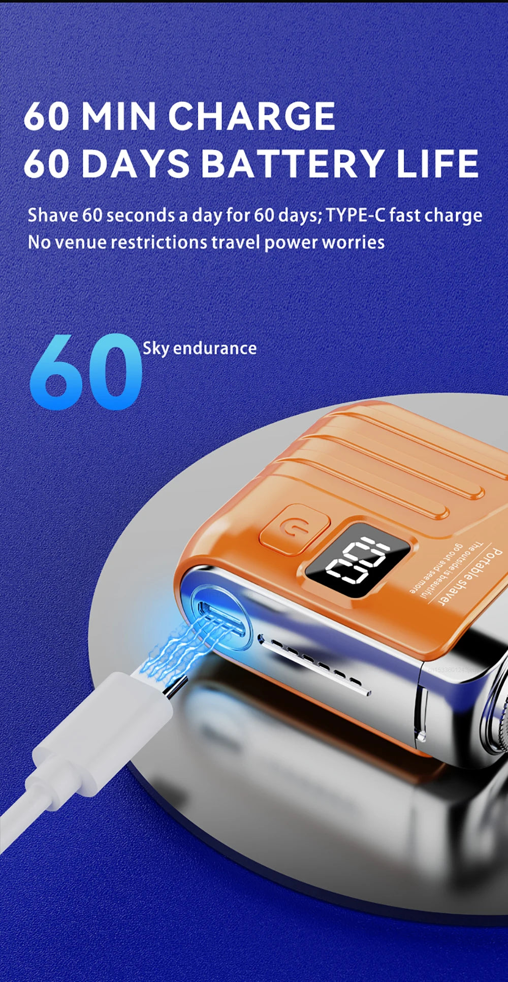 An orange portable electric shaver is shown being charged via a white plug on a gray surface.