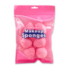 A pink plastic pouch containing six makeup sponges or beauty egg puffs.