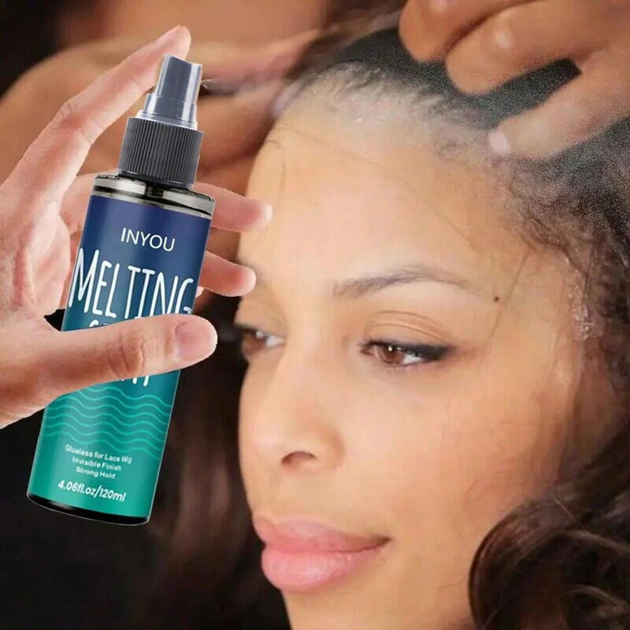 A hand holds a bottle of Inyou Melting Spray for Lace Wig Strong Hold, with a woman looking toward the camera.