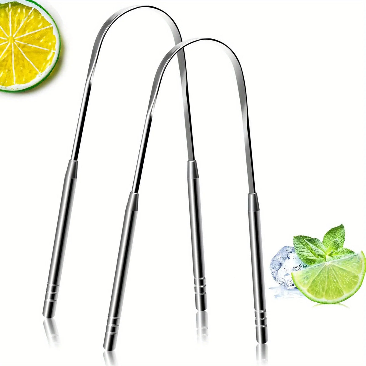 Stainless steel U-shaped tongue scraper with a lime slice in the background.