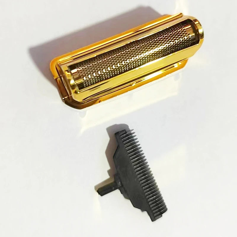 A gold-colored replacement blade for a foil shaver, shown next to the used black shaving head.