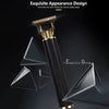 A close-up of a black and gold professional USB rechargeable hair clipper with an exquisite design.