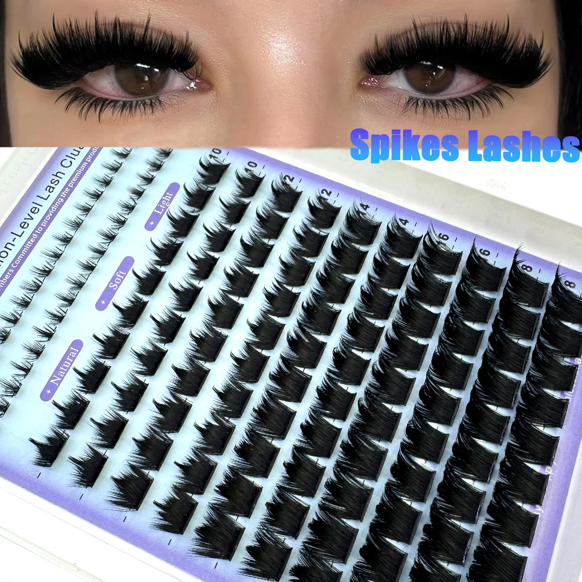 Gros plan sur des faisceaux de cils noirs pointus pour extensions de salon, présentés sur un plateau de conditionnement.