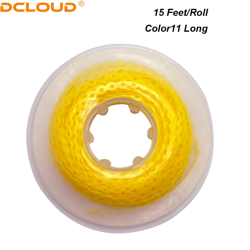 A roll of yellow dental orthodontic elastic chain labeled Color11 Long