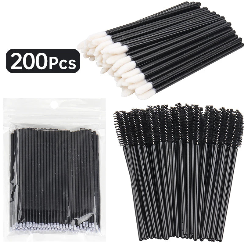 A set of 200 disposable makeup brush applicators in black and white are shown in various arrangements.