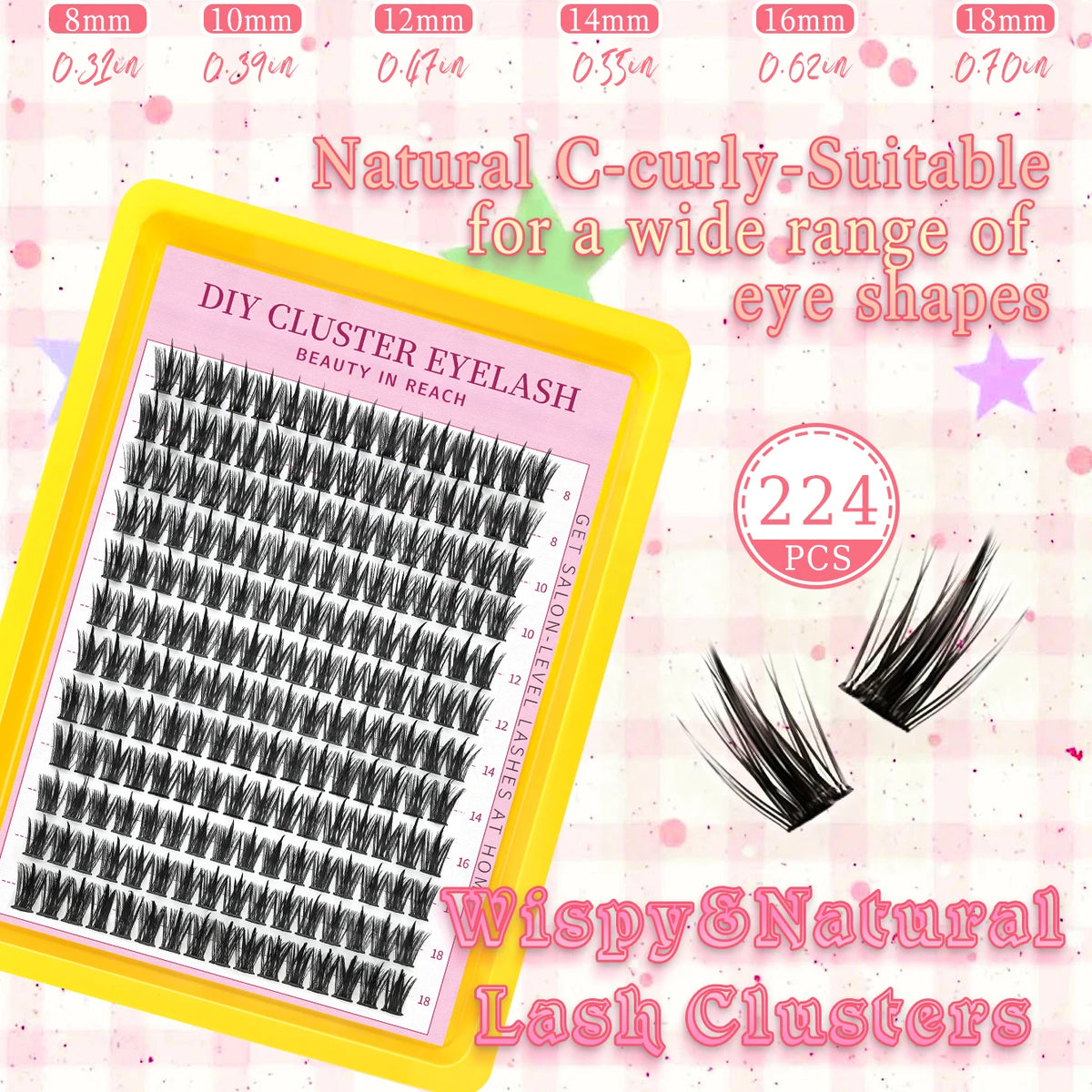 Yellow packaging for Wispy Natural Lash Clusters suitable for a wide range of eye shapes