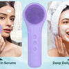 A purple sonic facial cleansing brush is shown being used for massage in serums and deep daily cleansing on a woman's face.