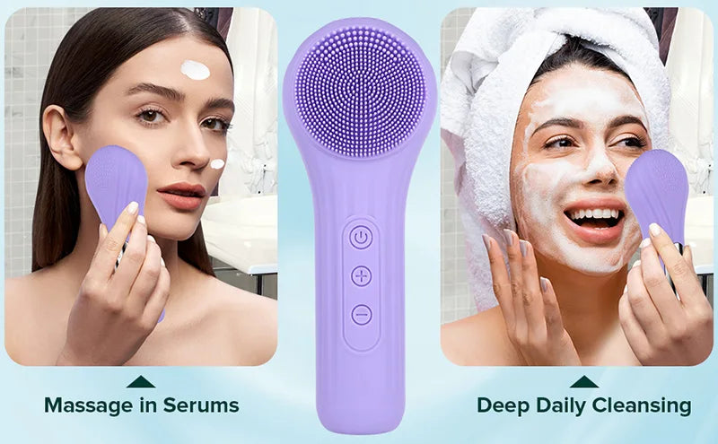 A purple sonic facial cleansing brush is shown being used for massage in serums and deep daily cleansing on a woman's face.