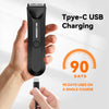 A hand holds a black Type-C USB charging trimmer with ceramic blades, demonstrating its 90 days usage on a single charge.