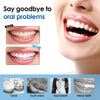Before and after images showing the results of a product for oral health problems like tartar, stains, bad breath, and yellow