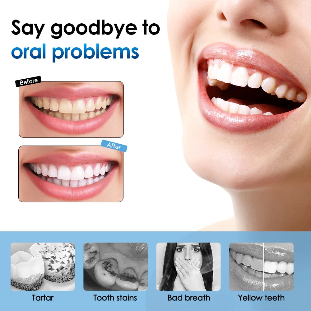 Before and after images showing the results of a product for oral health problems like tartar, stains, bad breath, and yellow
