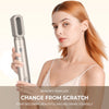 A woman holds a silver hair dryer and styling brush, demonstrating the product for beauty and hair care.