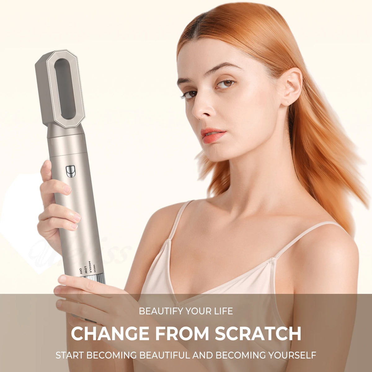A woman holds a silver hair dryer and styling brush, demonstrating the product for beauty and hair care.