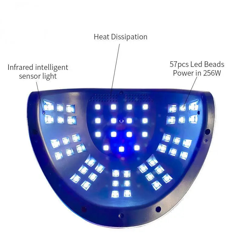 A blue LED nail lamp featuring 57 pieces of LED beads for heat dissipation and intelligent sensor light.