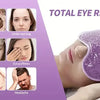 A purple reusable gel eye mask is shown being used on a person's eye area to relieve eye fatigue and pain.