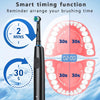 A black electric rotary toothbrush is shown next to illustrations demonstrating smart timing functions for brushing sessions.