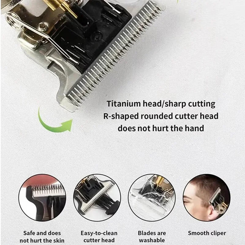 Close-up of a titanium head electric hair trimmer with an R-shaped rounded cutter head and blades for precision cutting.