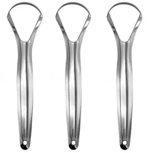 Three stainless steel tongue scrapers shown in different angles