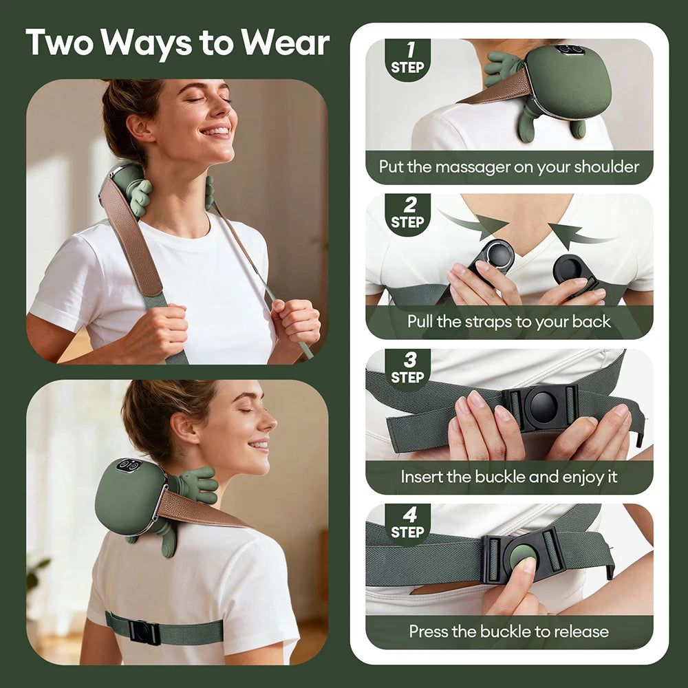 Instructions show two ways to wear a professional wireless neck and shoulder massager for massage.