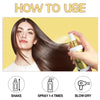 Instructions for using a thermal protection leave-in conditioner spray showing how to shake, spray 1-4 times, and blow-dry ha