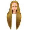 A professional cosmetology mannequin head with long, straight blonde hair and fair skin.