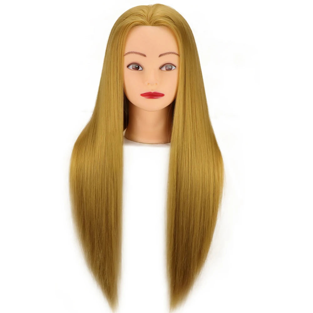 A professional cosmetology mannequin head with long, straight blonde hair and fair skin.