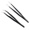 A pair of black stainless steel eyelash tweezers for false lashes.