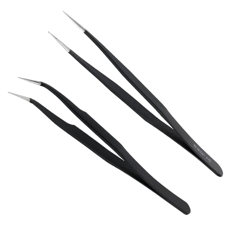A pair of black stainless steel eyelash tweezers for false lashes.