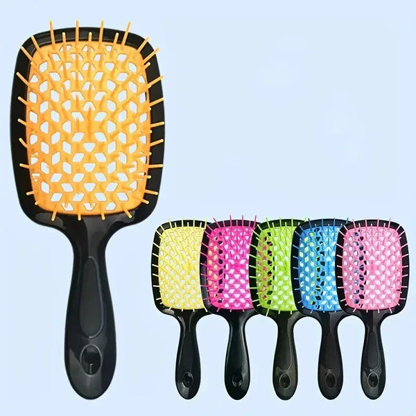 Un juego de diez peines desenredantes de dientes anchos para el cuidado del cabello en varios colores: naranja, amarillo, ros