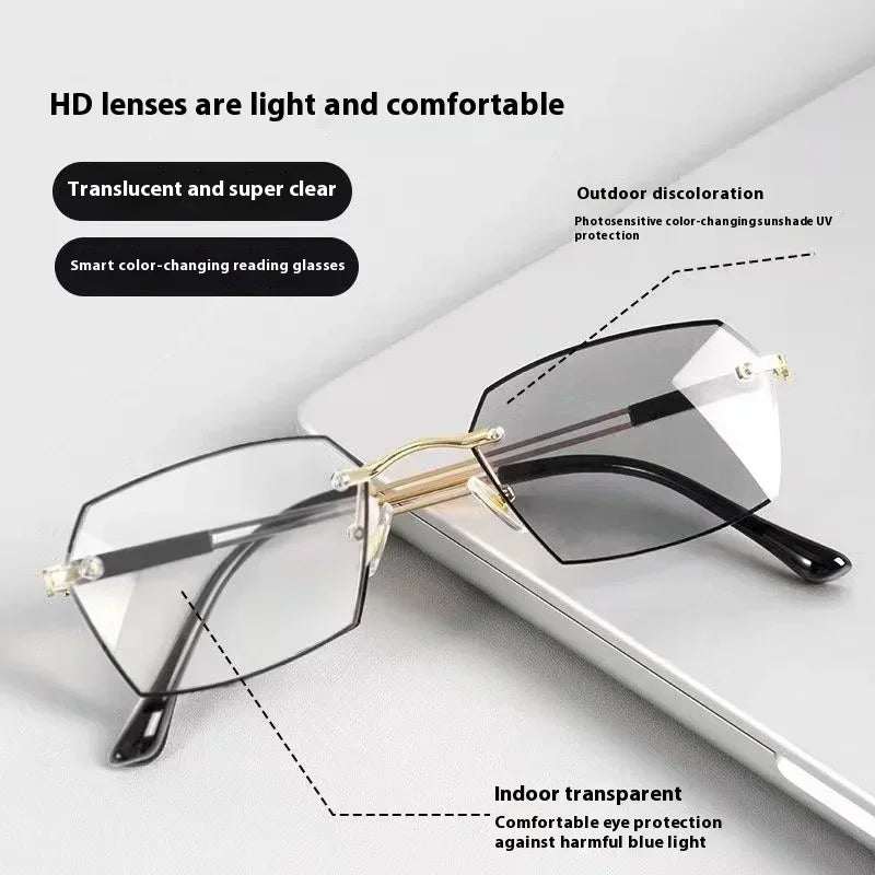 A pair of transparent photochromic reading glasses resting on a white surface, demonstrating indoor and outdoor light protect