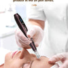 A hand in a white coat uses the Dr.pen A10 microneedling pen on a person's face for skin treatment.