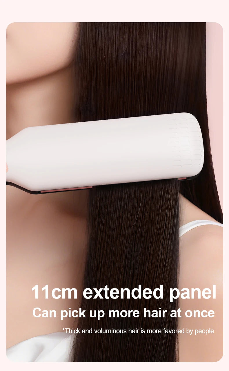 A white ceramic hair straightener panel is shown being used on long, dark hair.