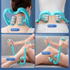 A manual deep tissue massager is shown being used on the neck, waist, thigh, and calf areas of a person's body.