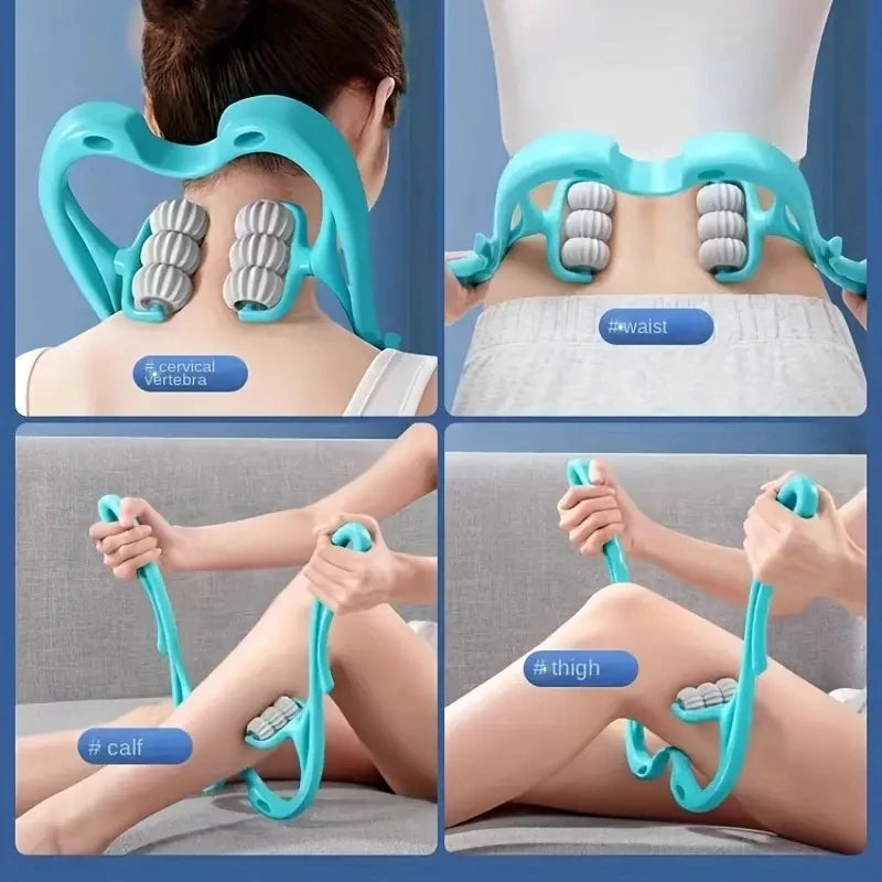 A manual deep tissue massager is shown being used on the neck, waist, thigh, and calf areas of a person's body.
