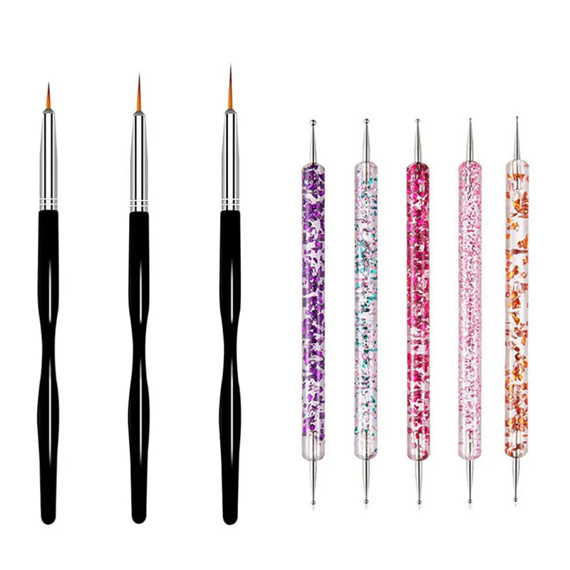 A set of precision nail art brushes with various colored tips for gel and acrylic polish.