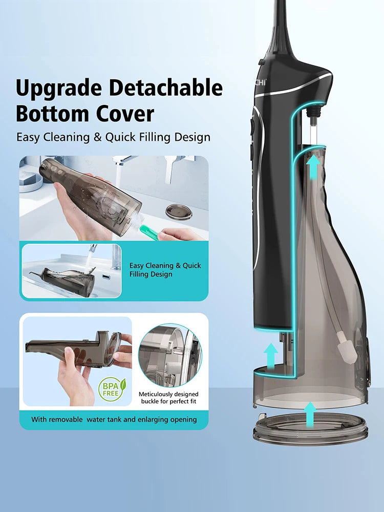 A black portable oral irrigator device with a detachable bottom cover and removable water tank is shown.