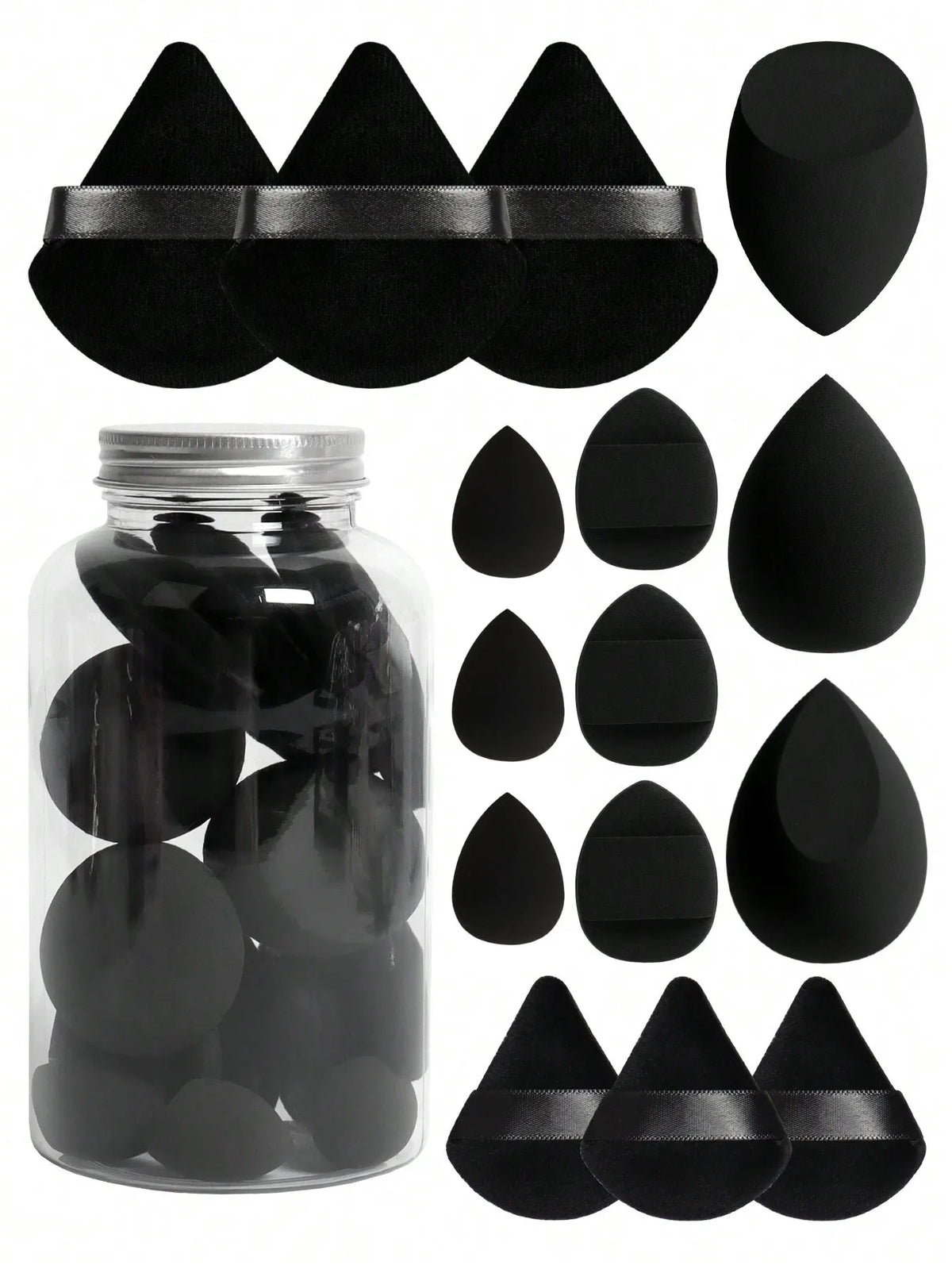 A set of fifteen black makeup sponges and applicators stored in a glass jar.