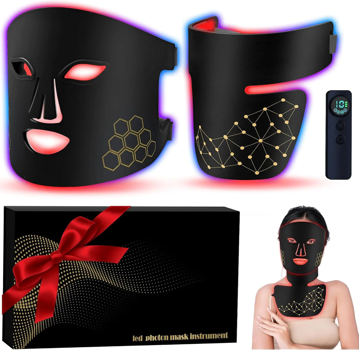 A black photon mask instrument includes a face mask and a standalone device, packaged in a box.