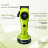 A lime green professional cordless hair clipper with an adjustable gear, LED display, and rechargeable base.