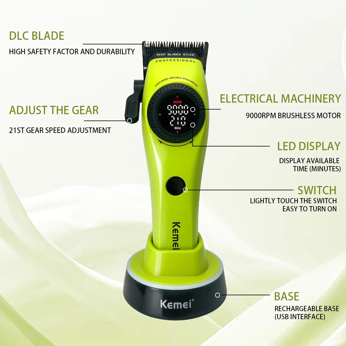 A lime green professional cordless hair clipper with an adjustable gear, LED display, and rechargeable base.